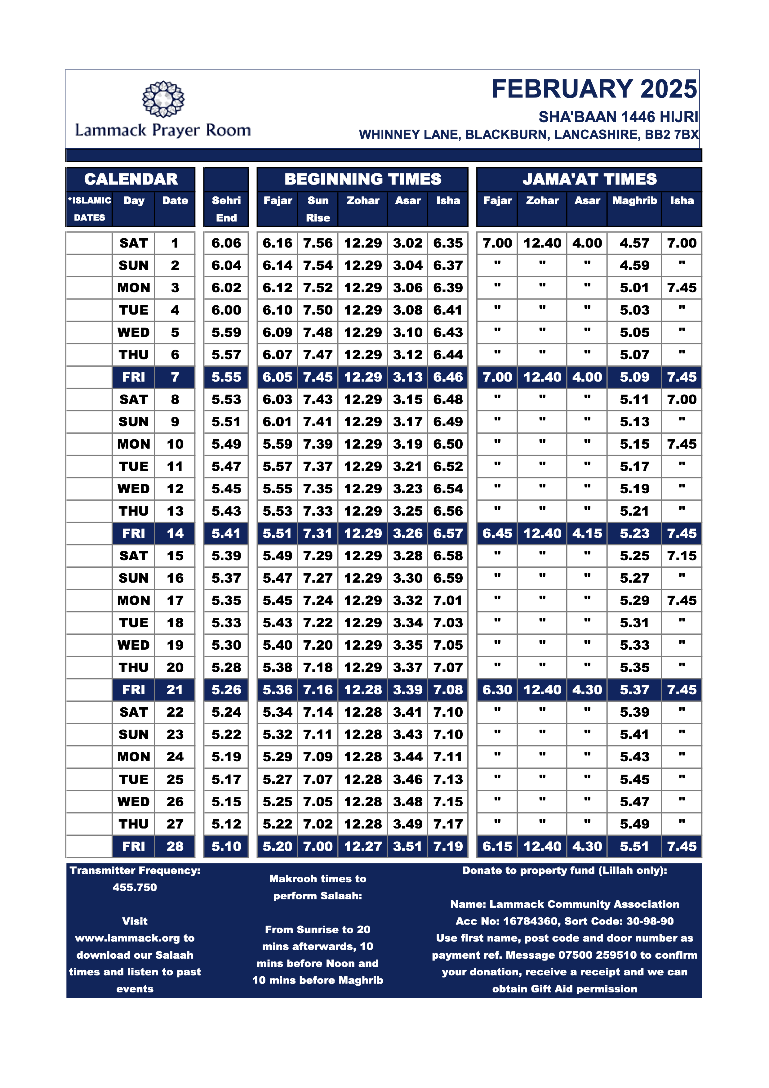 February 2025 Prayer Times