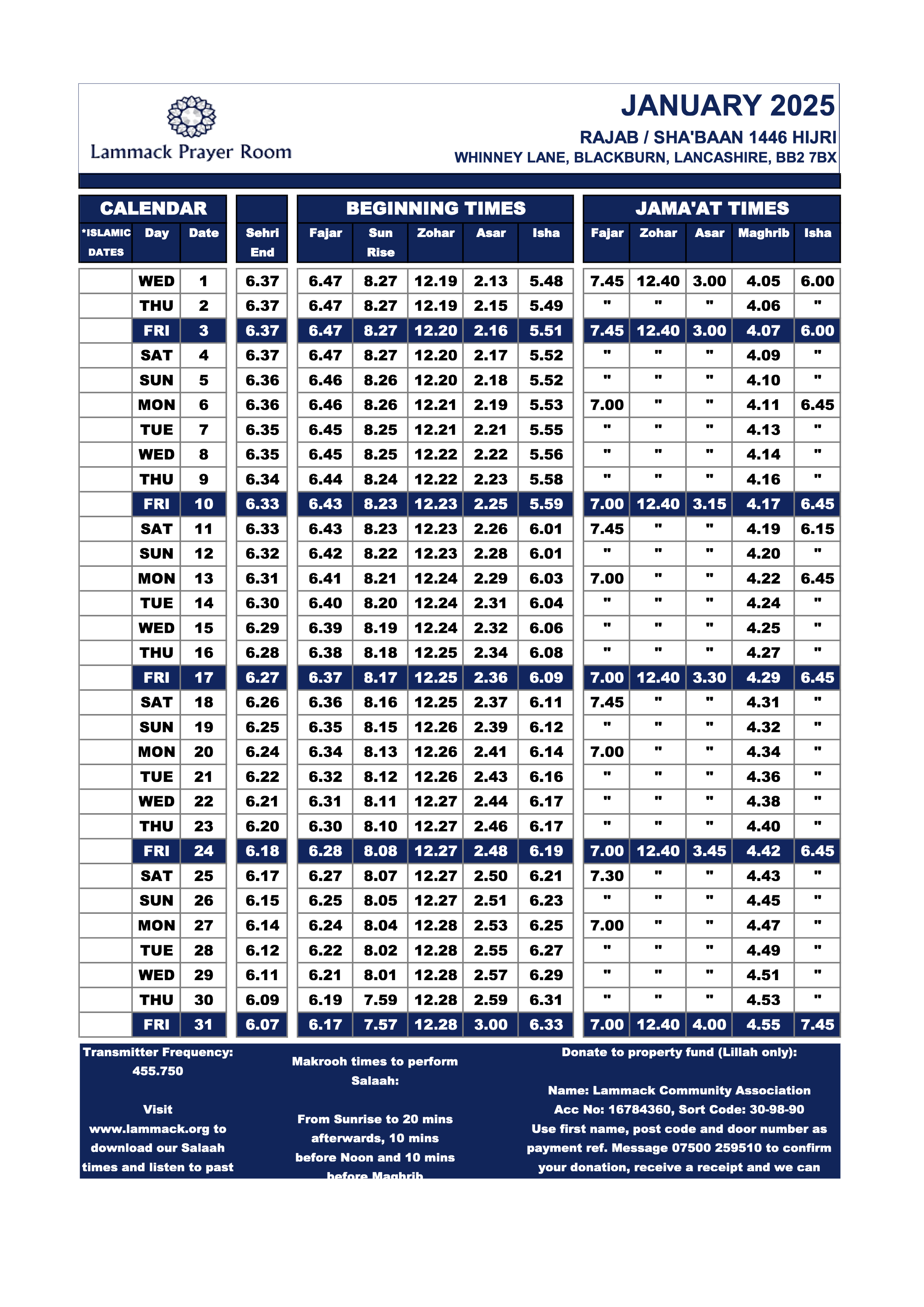 January 2025 Prayer Times