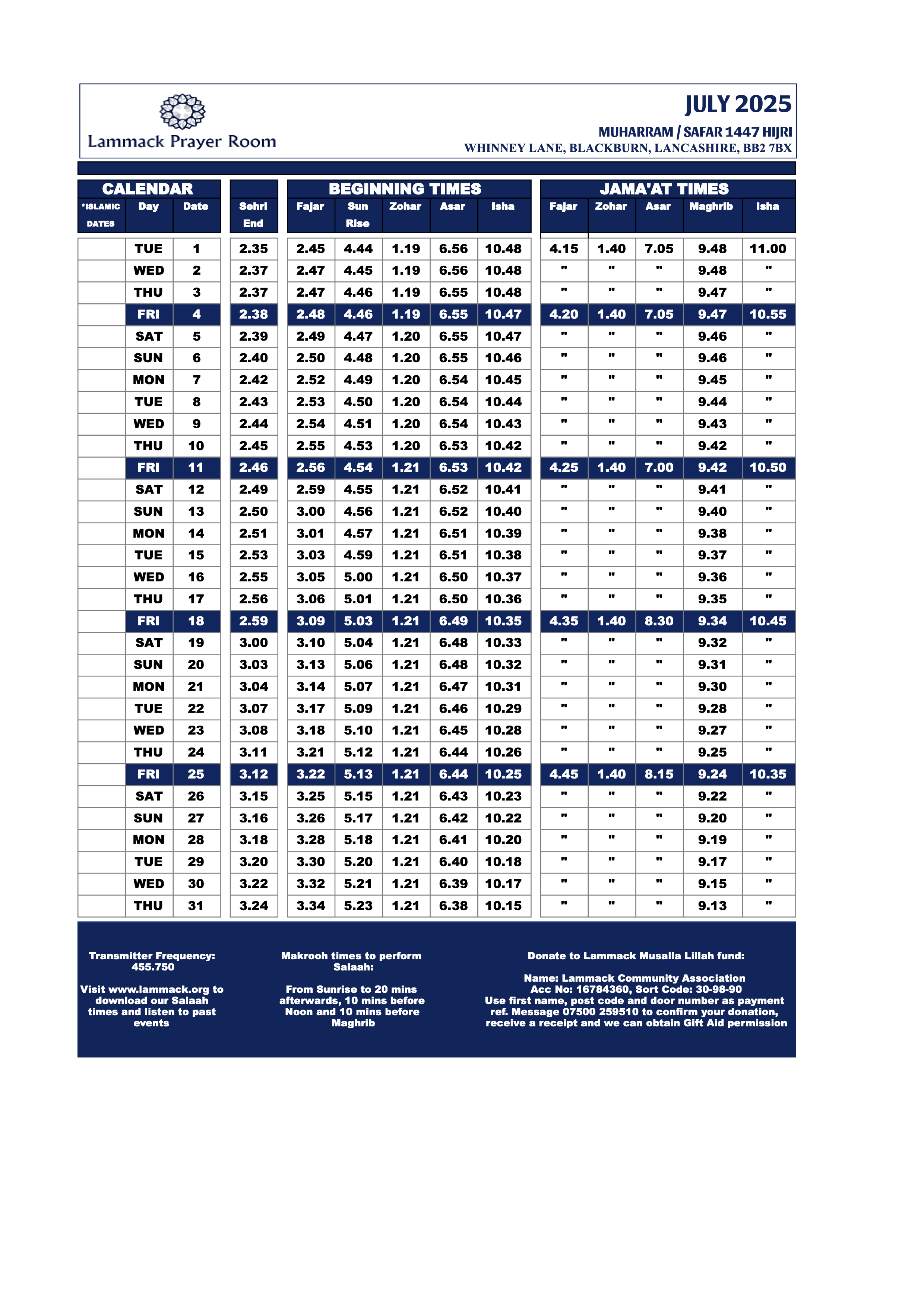 July 2025 Prayer Times