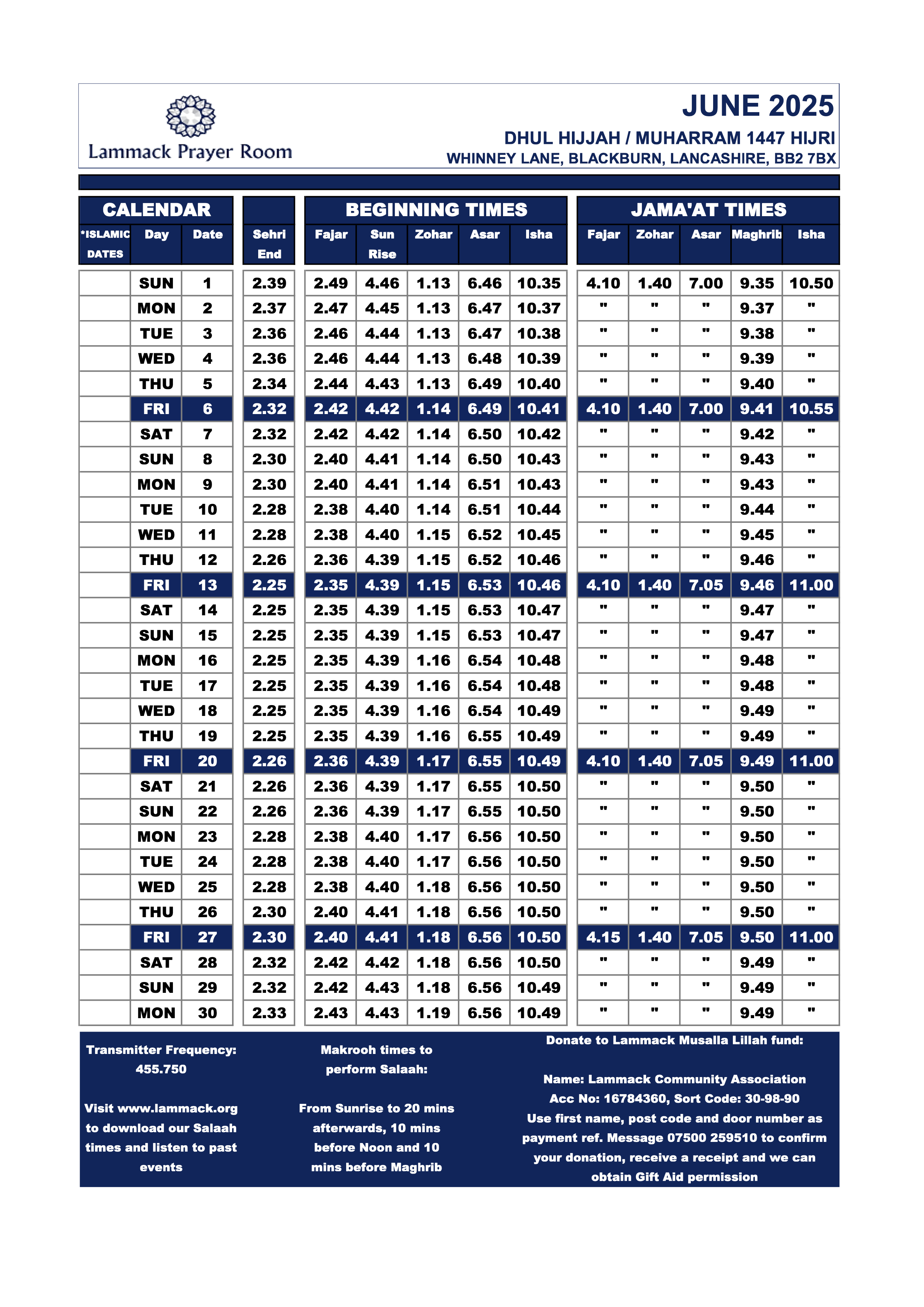 June 2025 Prayer Times