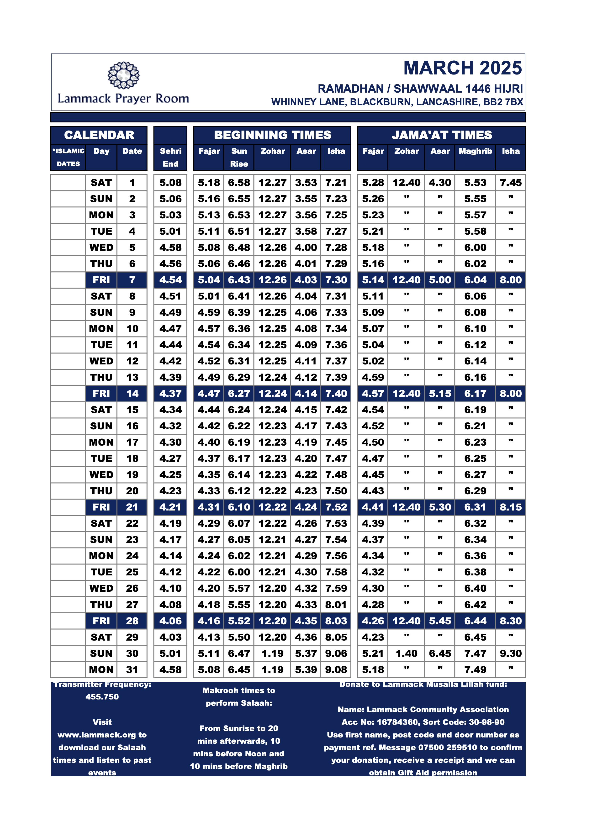 March 2025 Prayer Times