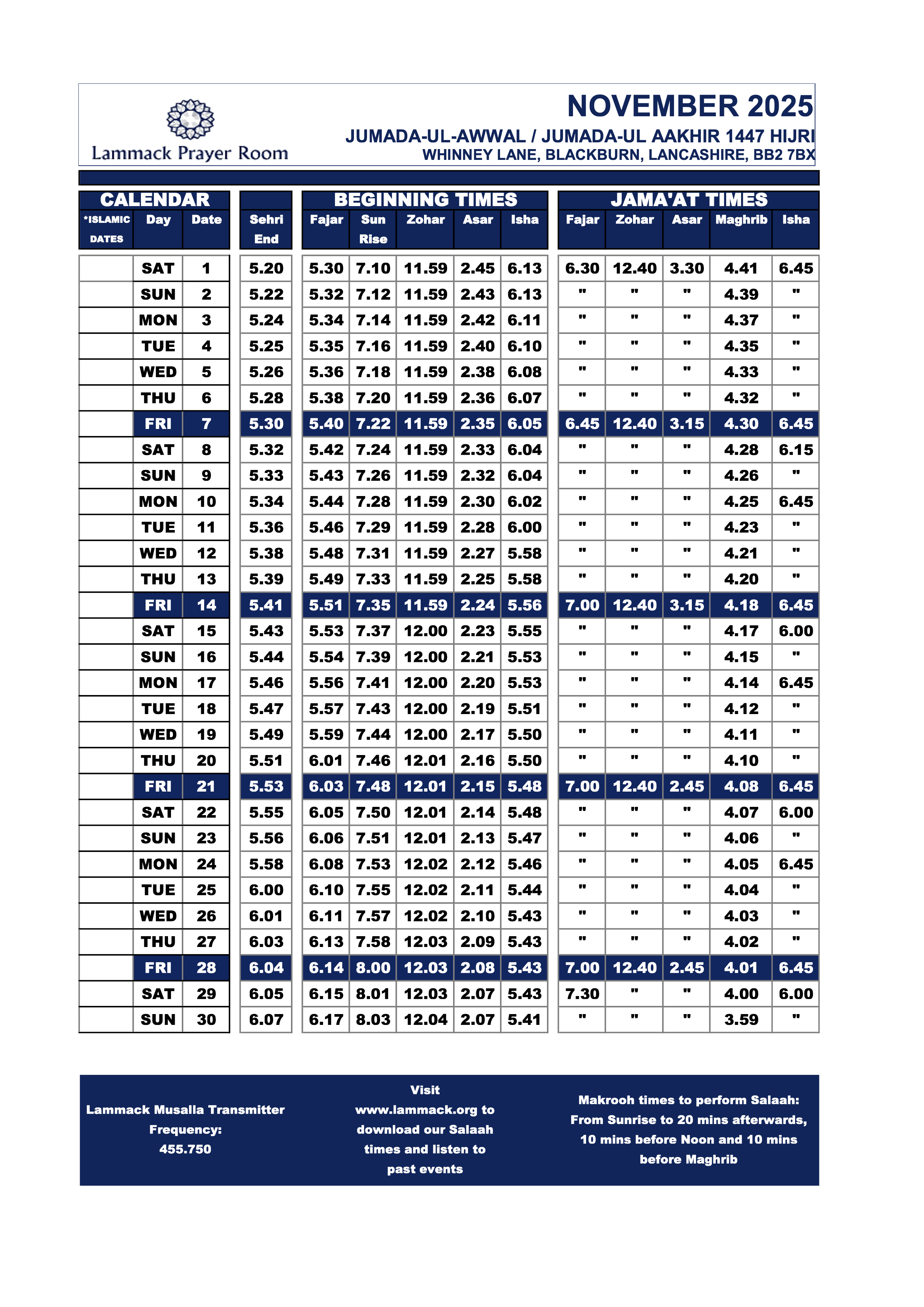 November 2025 Prayer Times