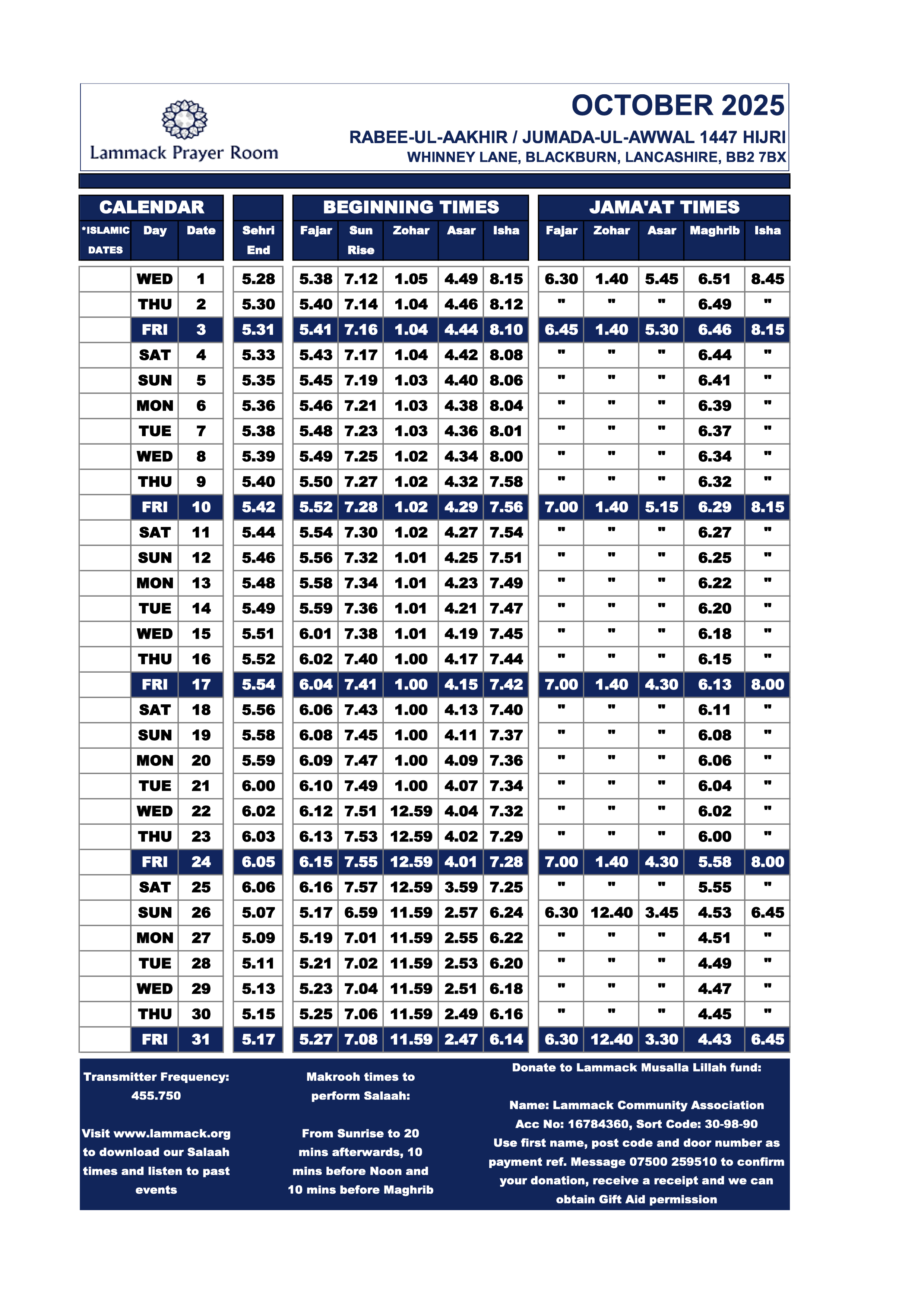 October 2025 Prayer Times