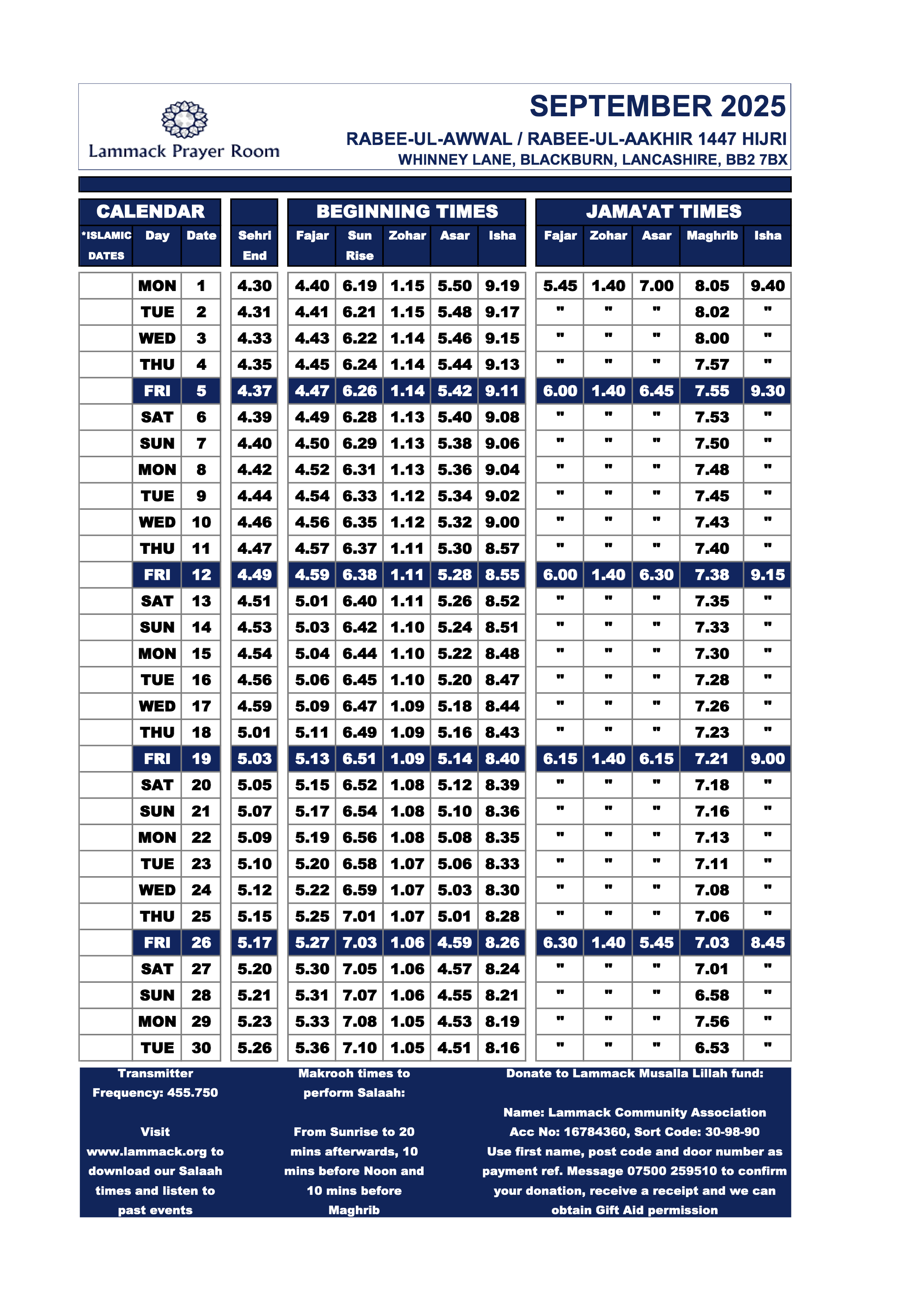 September 2025 Prayer Times