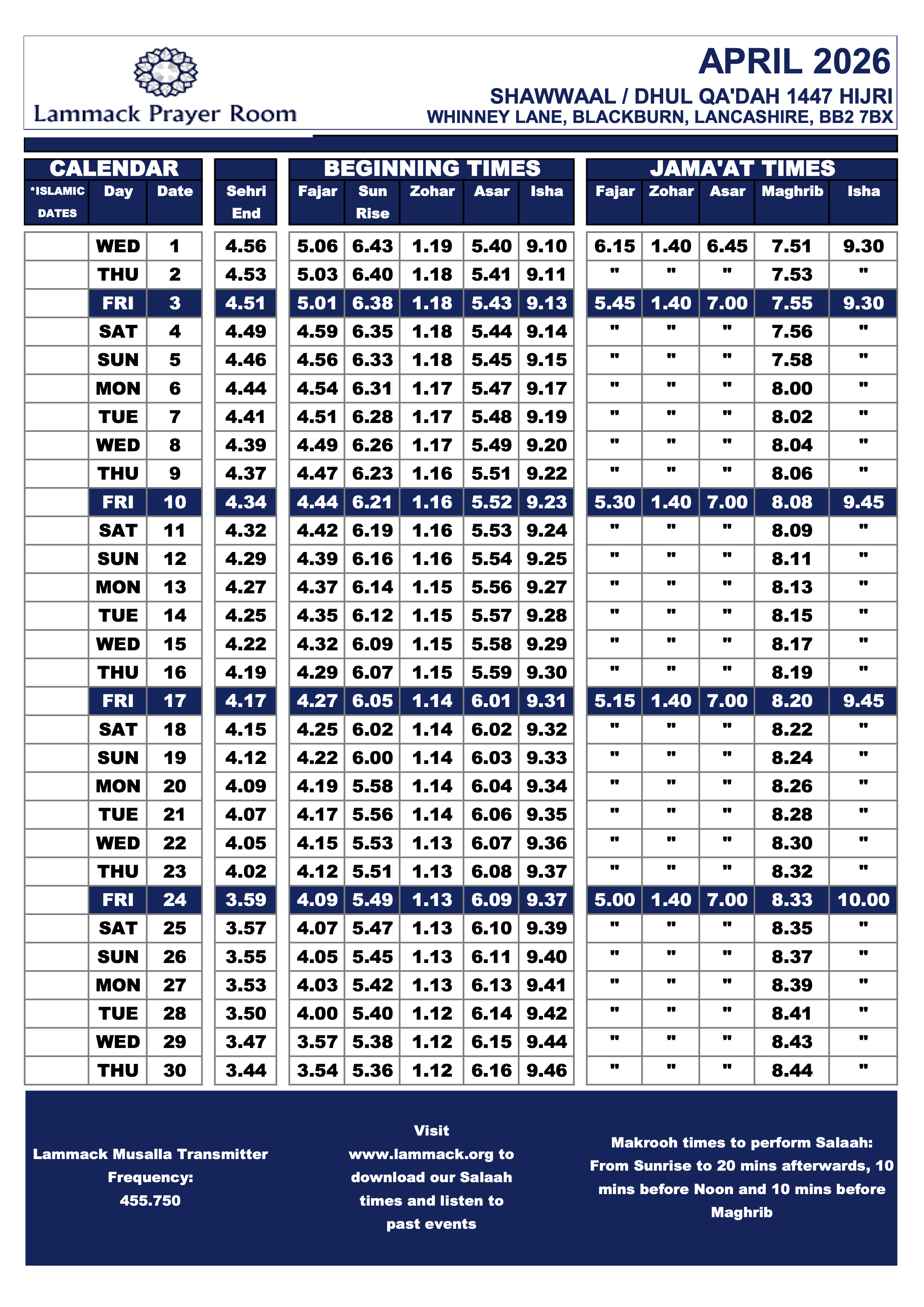 April 2026 Prayer Times