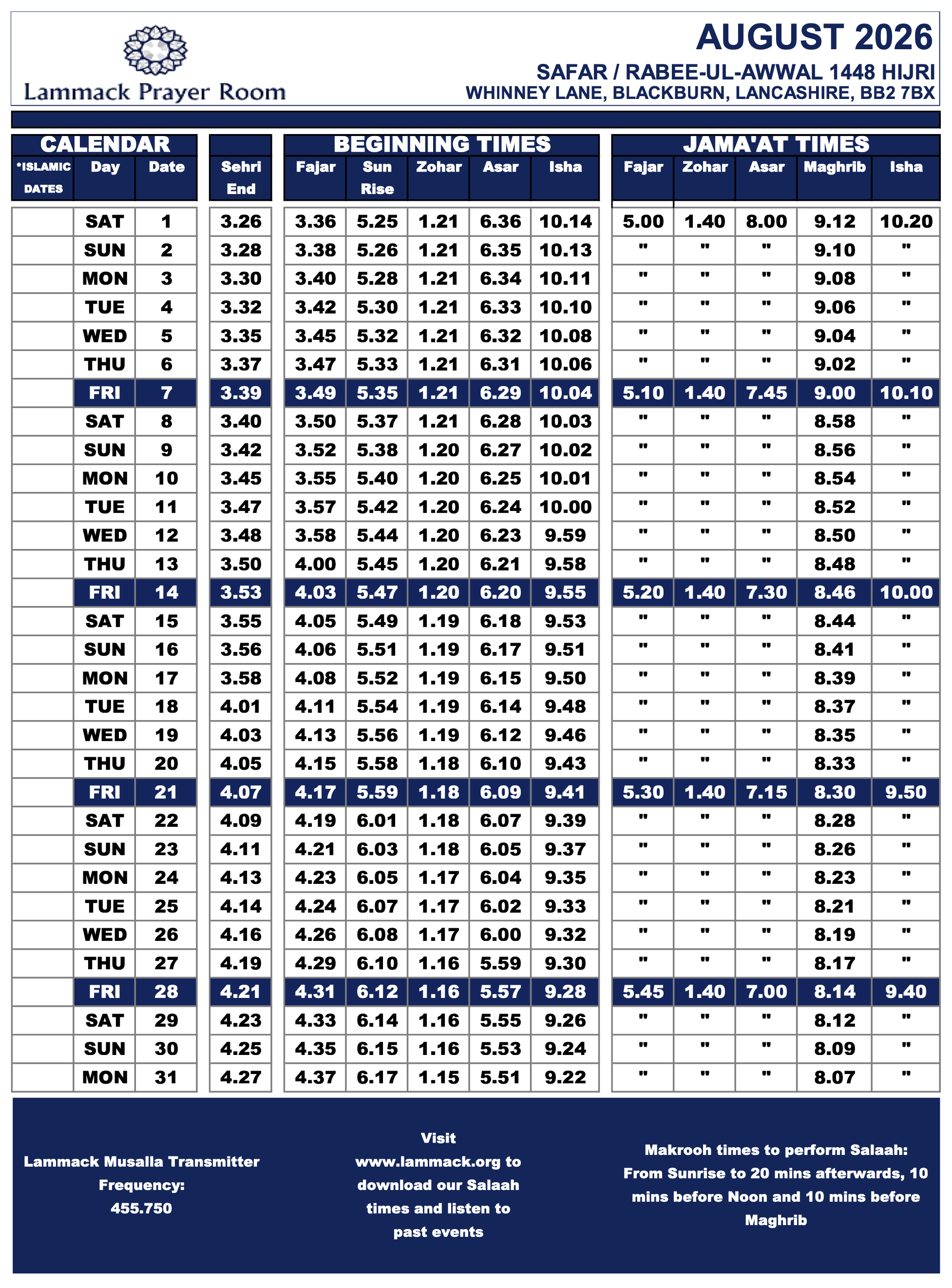 August 2026 Prayer Times