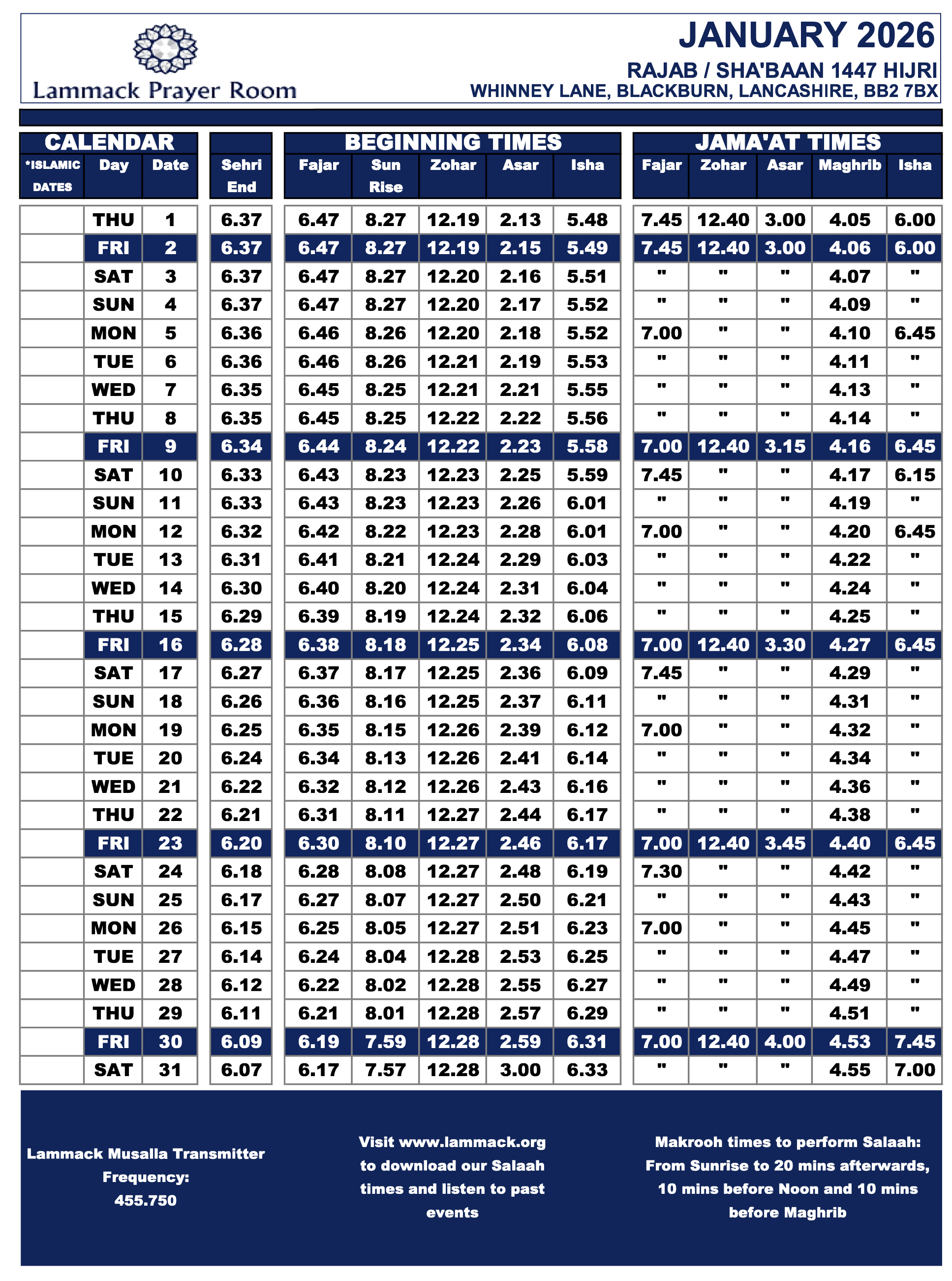 January 2026 Prayer Times