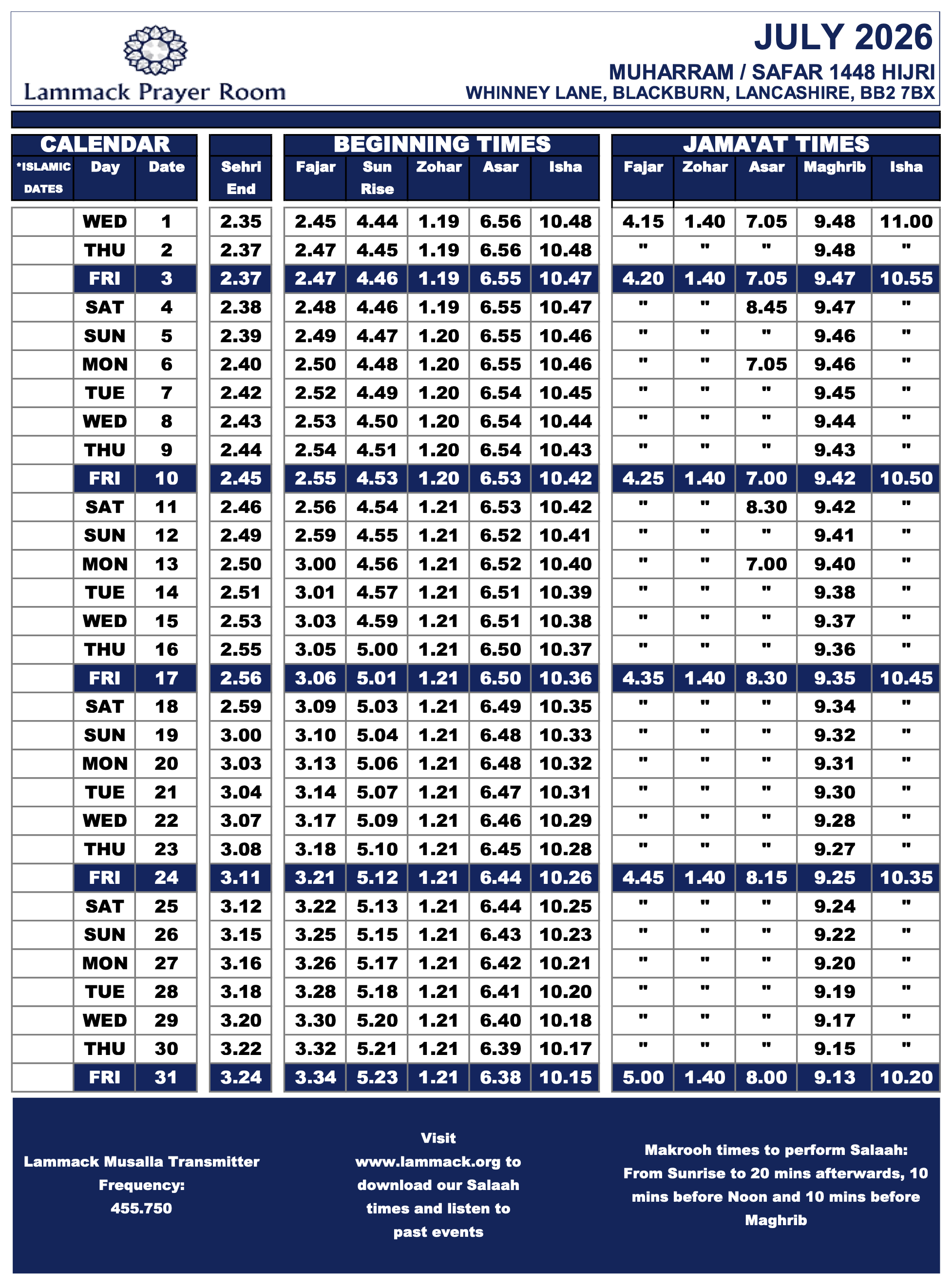 July 2026 Prayer Times