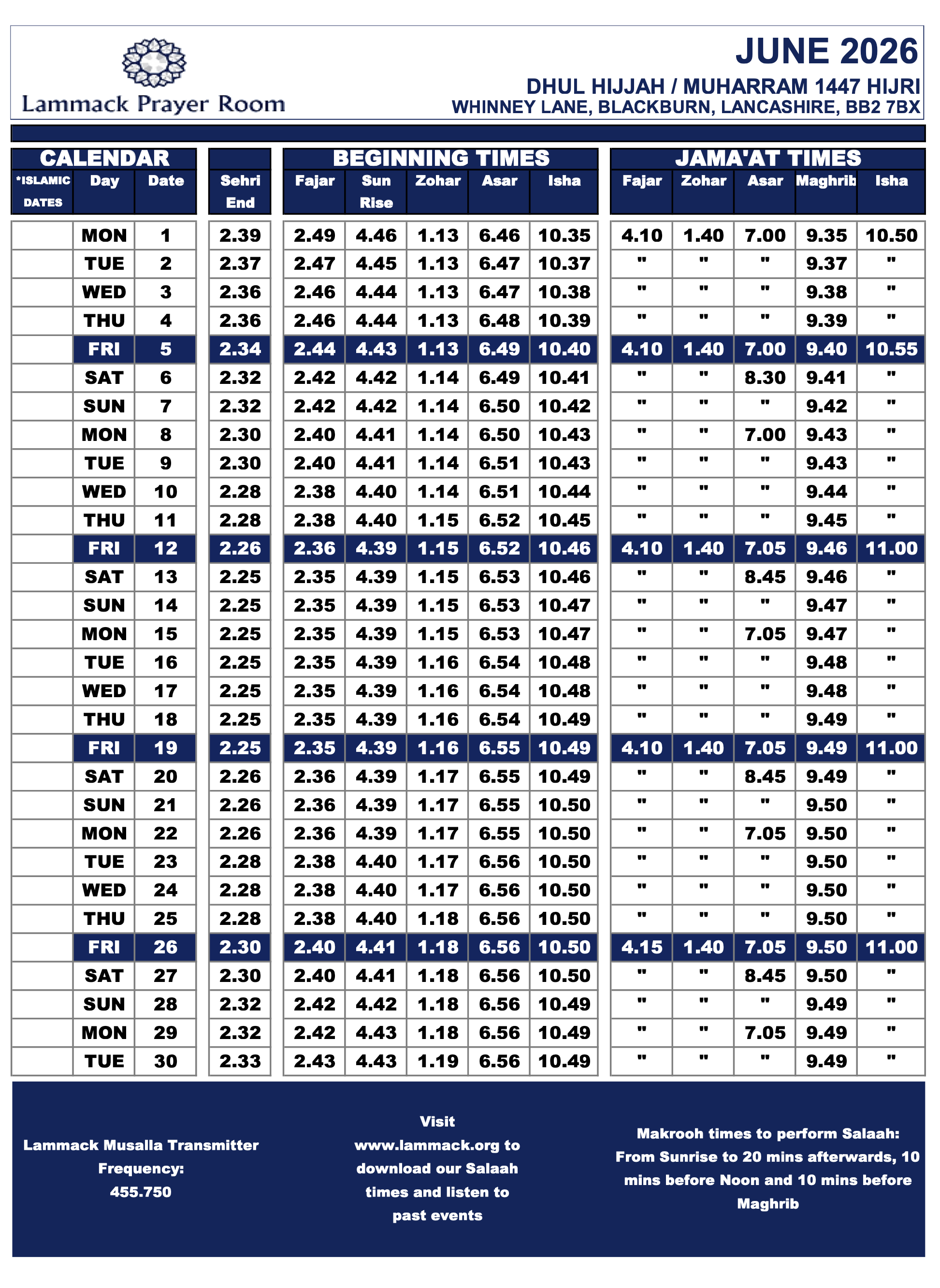 June 2026 Prayer Times