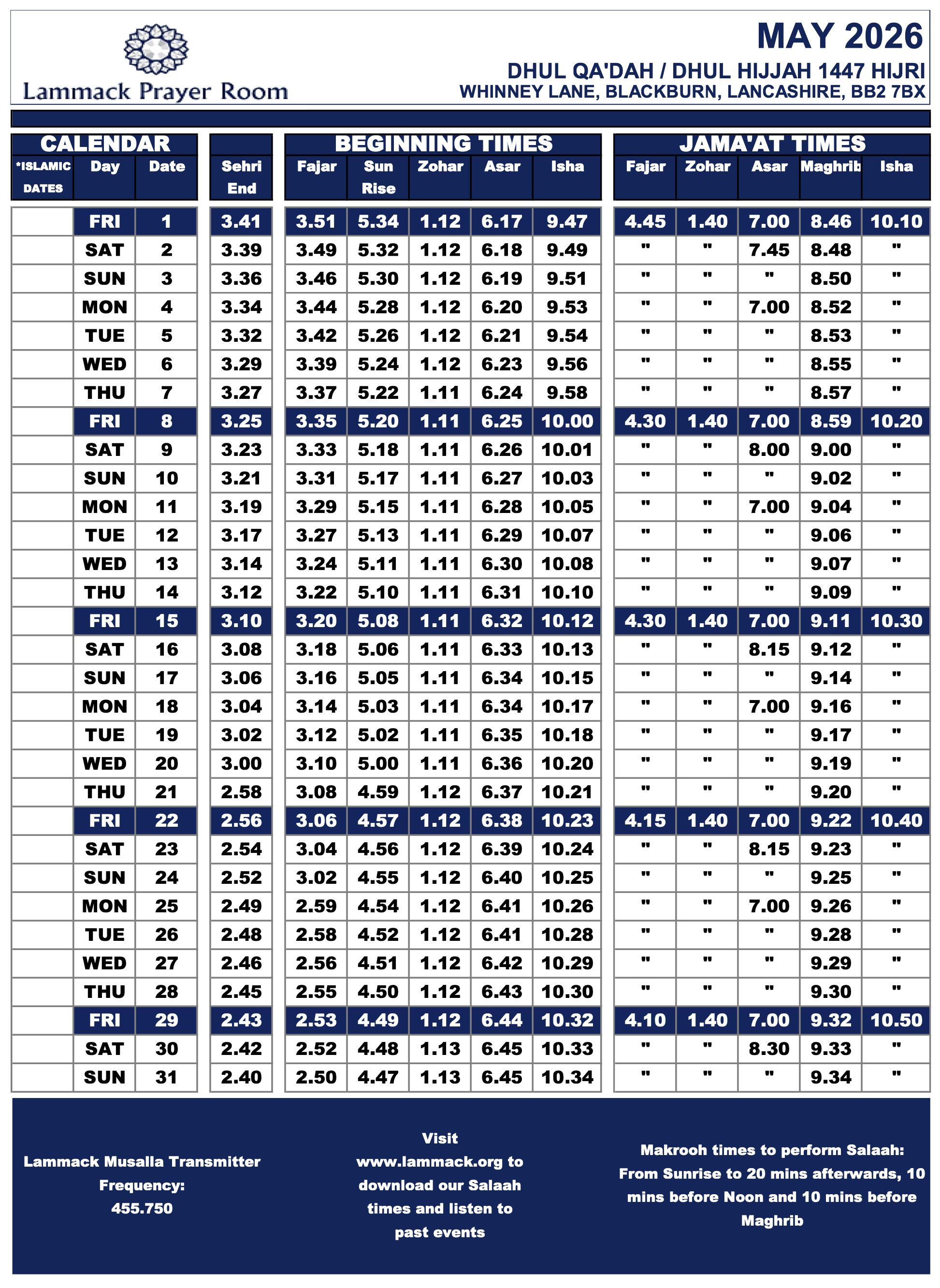 May 2026 Prayer Times
