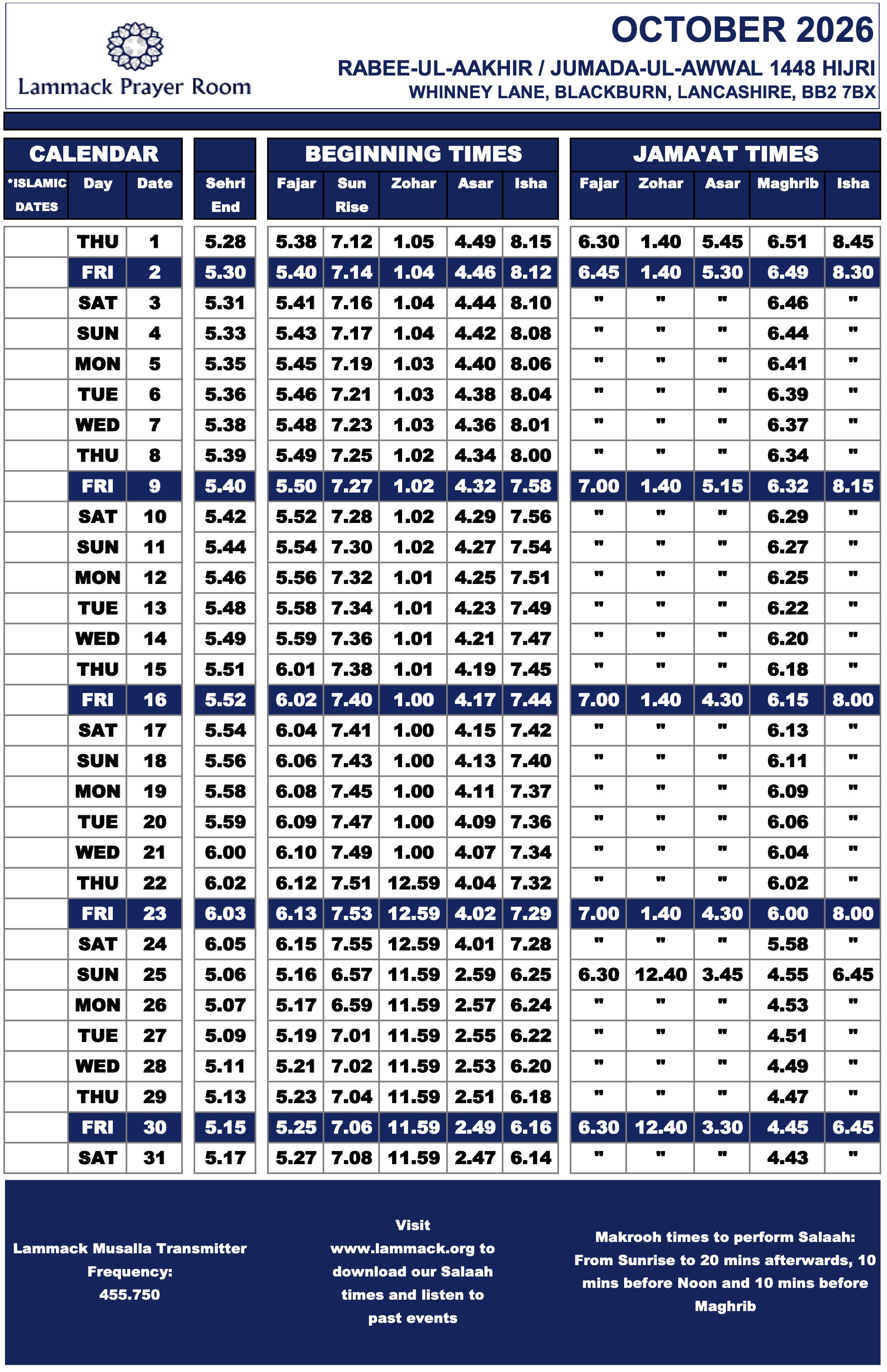 October 2026 Prayer Times