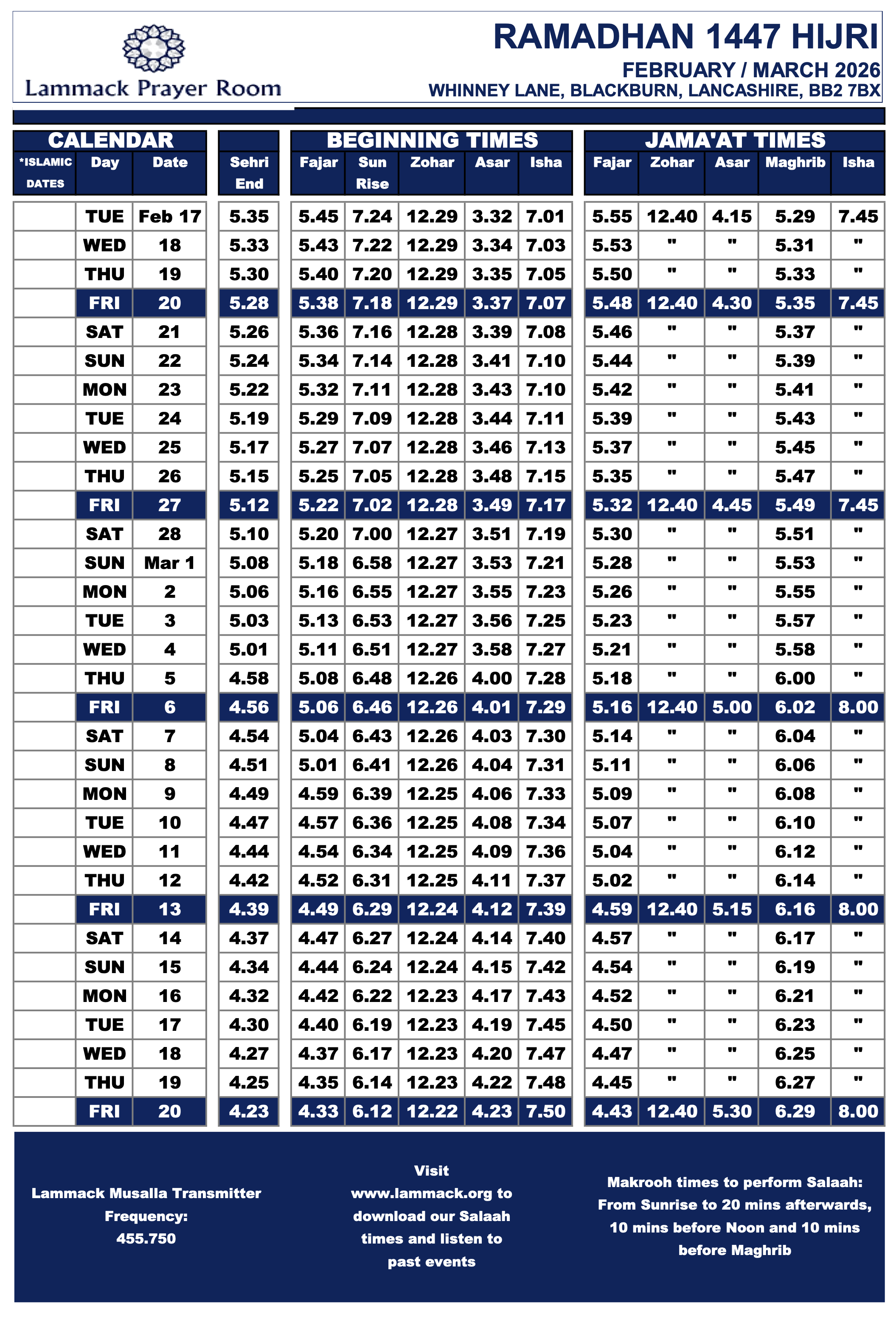 Ramadan 2026 Prayer Times