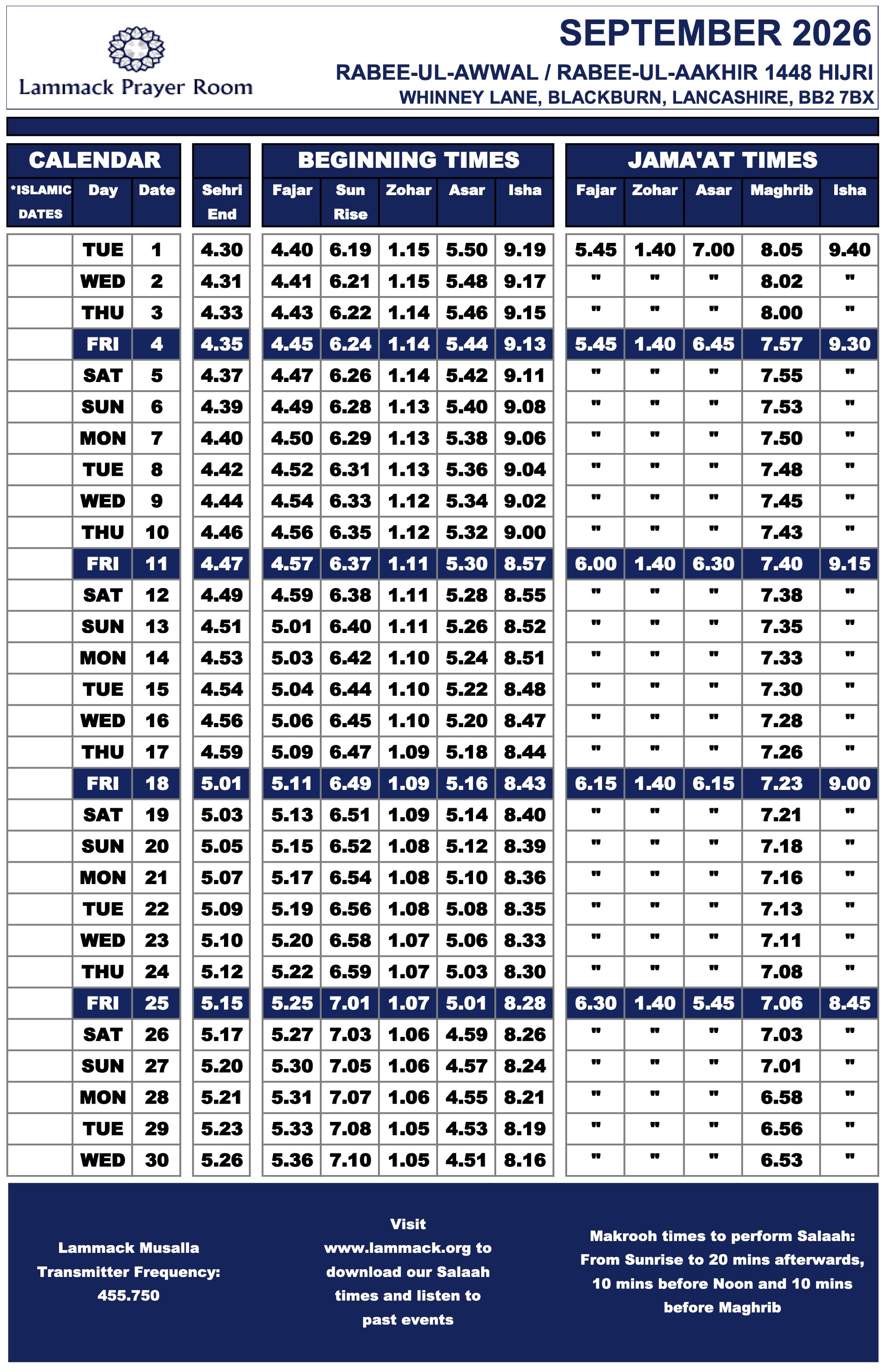 September 2026 Prayer Times