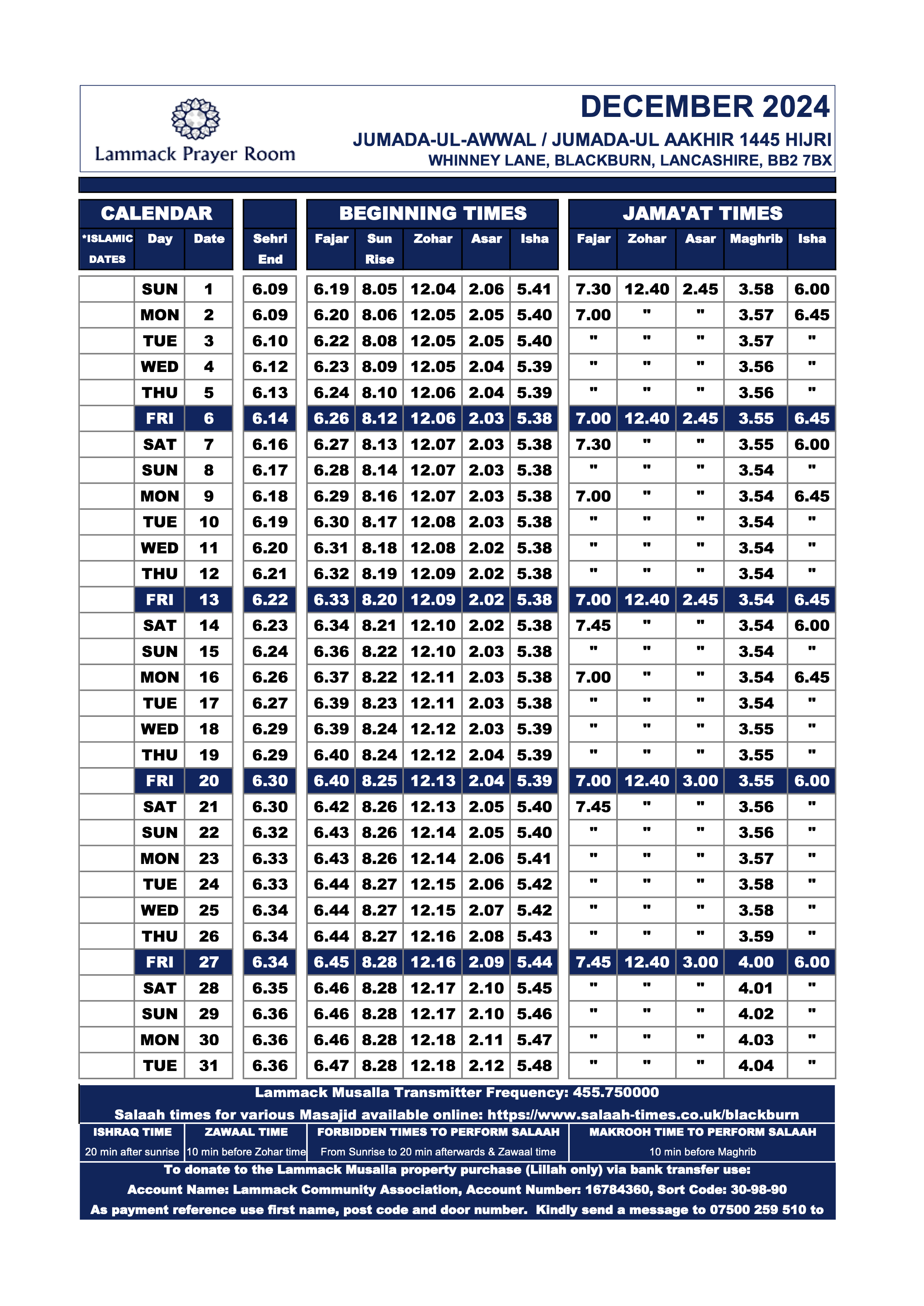 December 2024 Prayer Times