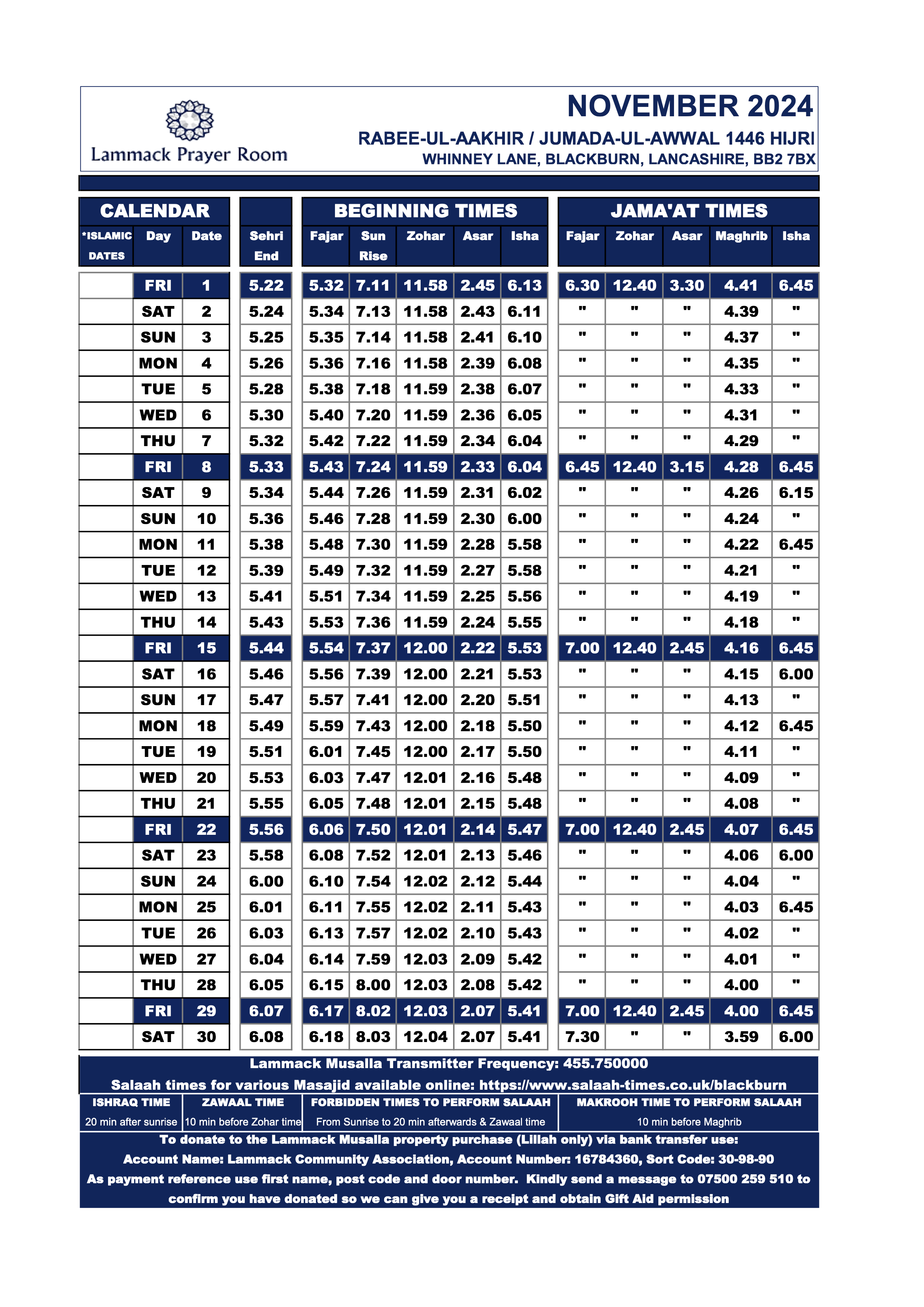 November 2024 Prayer Times